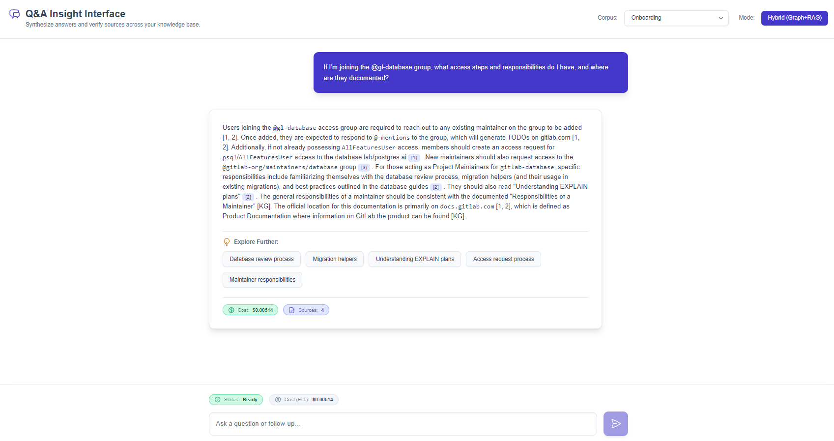 KG-RAG Q&A interface showing question answering with citations